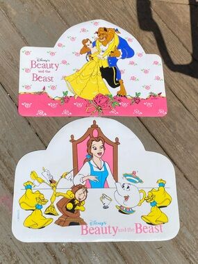 Pair of 90s Disney Beauty and the Beast Pink and Yellow Kitchen Placemats Set